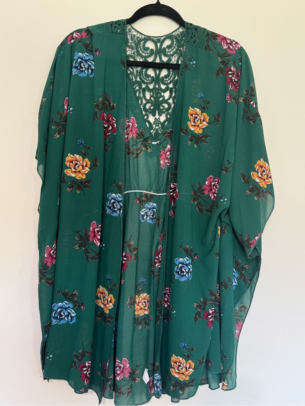 Green Floral Crochet-Back Kimono